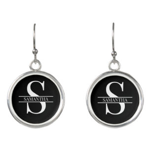 Personalized Elegant Black and White Monogram Name Earrings