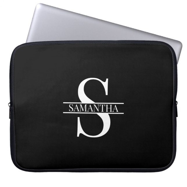 Personalized Elegant Black and White Monogram Name Laptop Sleeve (Front)