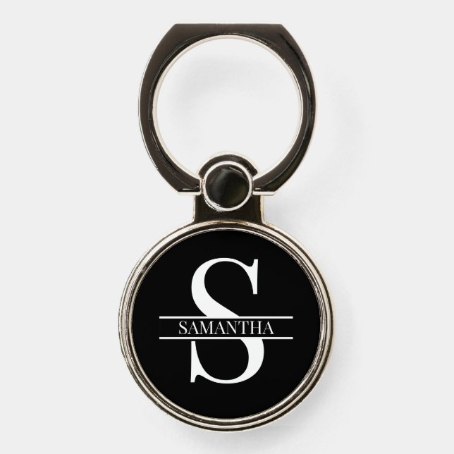 Personalized Elegant Black and White Monogram Name Phone Ring Stand (Front)