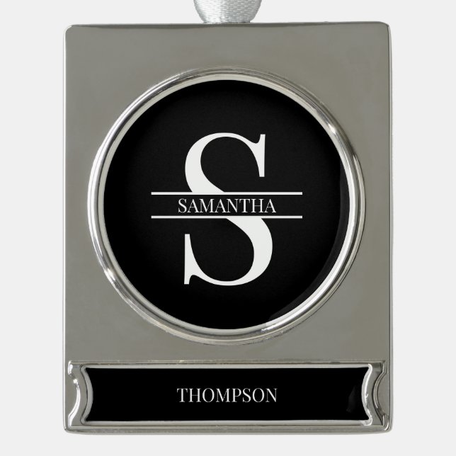 Personalized Elegant Black and White Monogram Name Silver Plated Banner Ornament (Front)