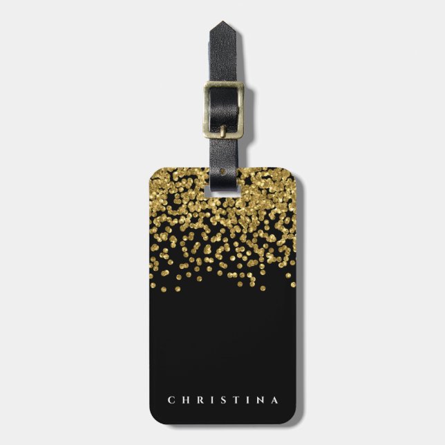 Personalized Elegant Black Faux Gold Confetti Luggage Tag (Front Vertical)