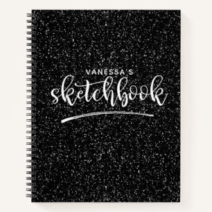 Personalized Elegant Black Glitter Sketchbook Notebook