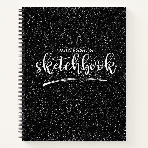 Personalized Elegant Black Glitter Sketchbook Notebook