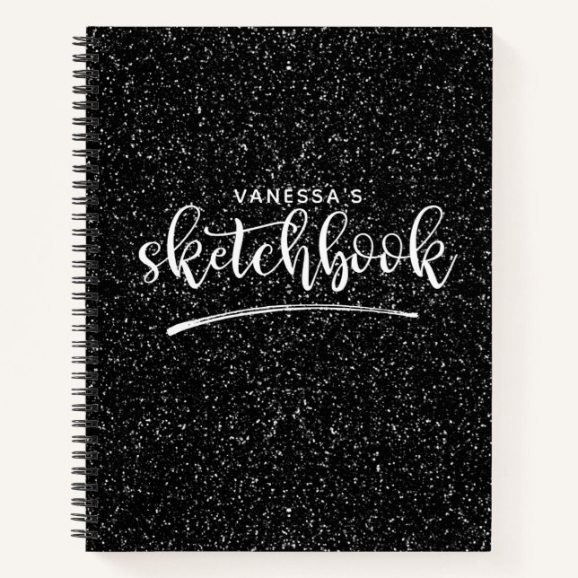 Personalized Elegant Black Glitter Sketchbook Notebook (Front)