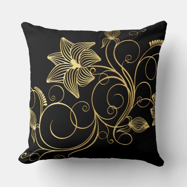 Personalized Elegant Black Gold Foil Floral Name Throw Pillow (Front)