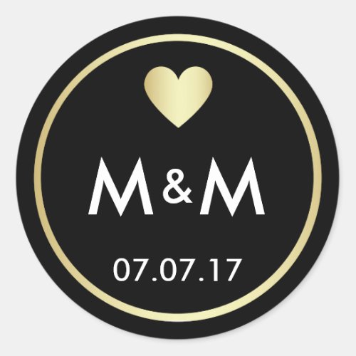 Personalized Elegant Black Gold  Heart Wedding Classic Round Sticker