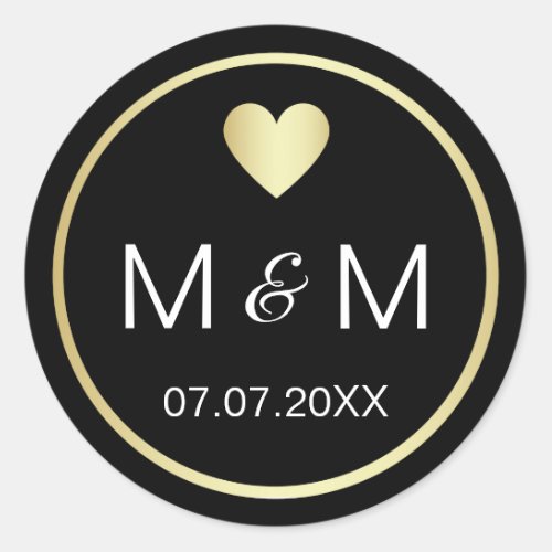 Personalized Elegant Black Gold  Heart Wedding Classic Round Sticker