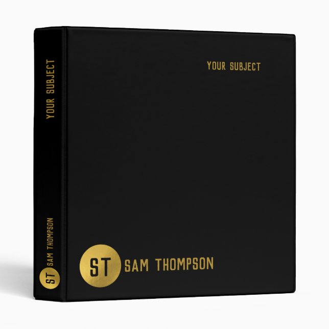 Personalized Elegant Black & Gold Modern Monogram 3 Ring Binder (Front/Spine)