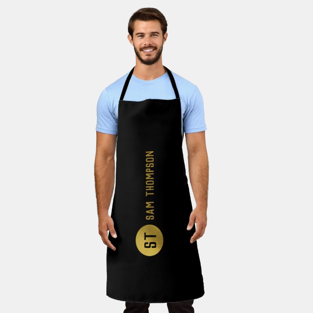 Personalized Elegant Black & Gold Modern Monogram Apron (Worn)