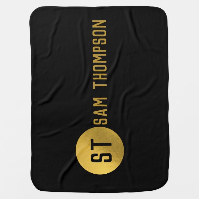 Personalized Elegant Black & Gold Modern Monogram Baby Blanket (Front)