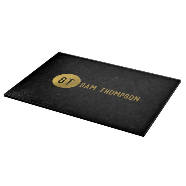 Personalized Elegant Black & Gold Modern Monogram Cutting Board (Corner)