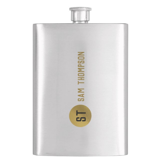 Personalized Elegant Black & Gold Modern Monogram Flask (Front)