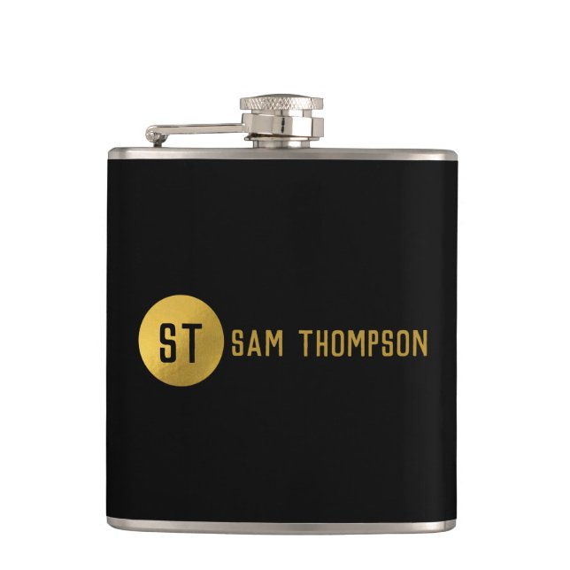 Personalized Elegant Black & Gold Modern Monogram Flask (Front)