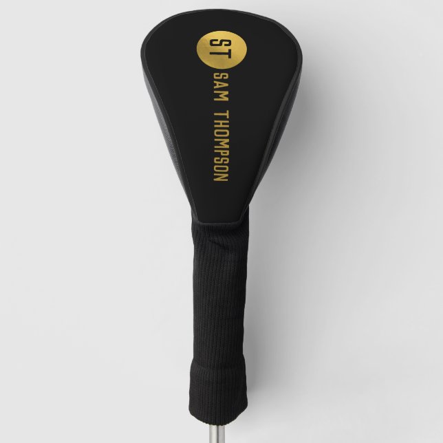 Personalized Elegant Black & Gold Modern Monogram Golf Head Cover (Front)