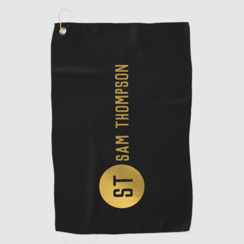 Personalized Elegant Black  Gold Modern Monogram Golf Towel