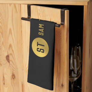 Personalized Elegant Black & Gold Modern Monogram Kitchen Towel
