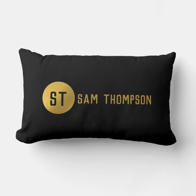 Personalized Elegant Black & Gold Modern Monogram Lumbar Pillow (Front)