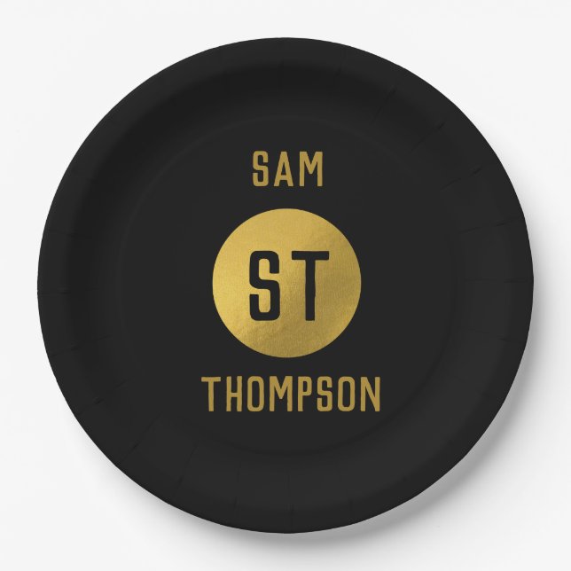 Personalized Elegant Black & Gold Modern Monogram Paper Plates (Front)