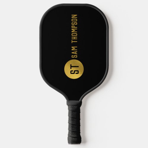 Personalized Elegant Black  Gold Modern Monogram Pickleball Paddle