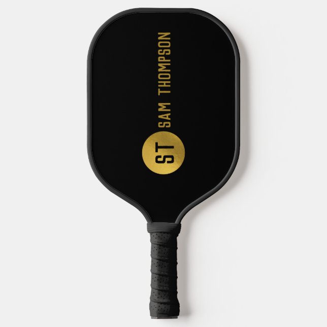 Personalized Elegant Black & Gold Modern Monogram Pickleball Paddle (Front)