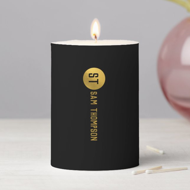 Personalized Elegant Black & Gold Modern Monogram  Pillar Candle (In Situ)