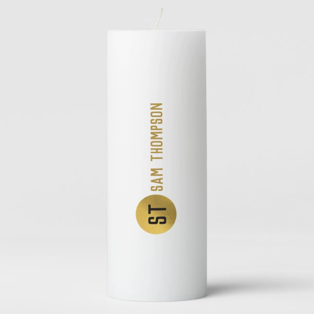 Personalized Elegant Black & Gold Modern Monogram Pillar Candle (Front)