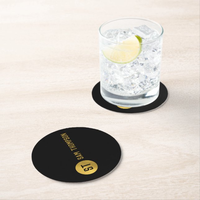 Personalized Elegant Black & Gold Modern Monogram Round Paper Coaster (Insitu)