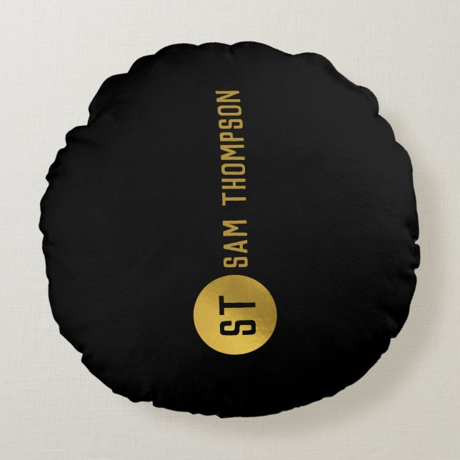 Personalized Elegant Black & Gold Modern Monogram Round Pillow (Front)