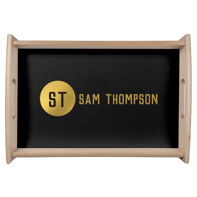 Personalized Elegant Black & Gold Modern Monogram Serving Tray (Front)