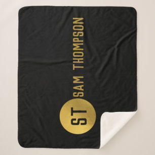 Personalized Elegant Black & Gold Modern Monogram Sherpa Blanket