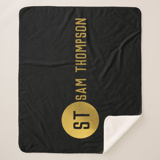 Personalized Elegant Black & Gold Modern Monogram Sherpa Blanket (Front)