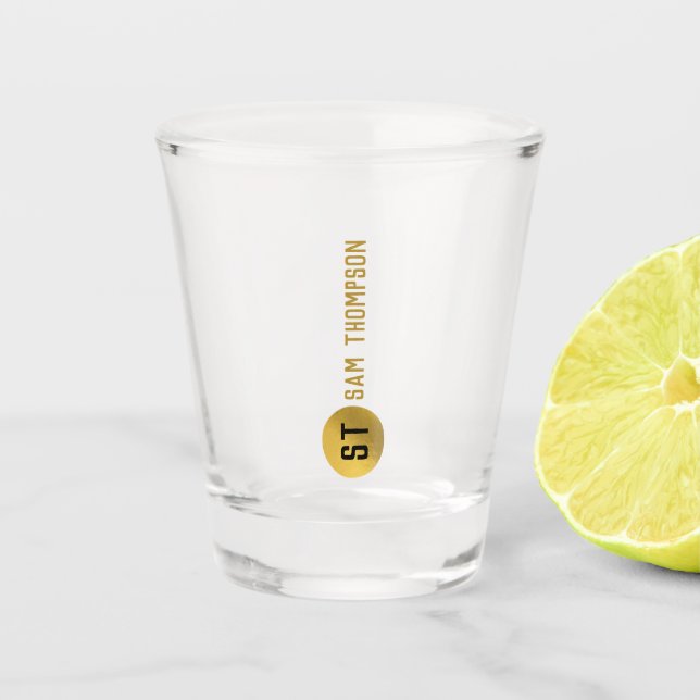 Personalized Elegant Black & Gold Modern Monogram Shot Glass (Front)
