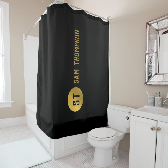 Personalized Elegant Black & Gold Modern Monogram Shower Curtain (In Situ)