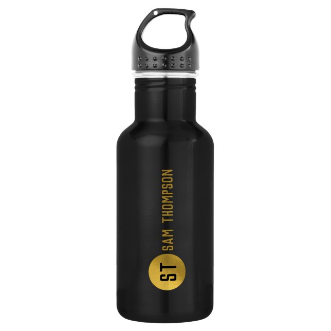 Personalized Elegant Black & Gold Modern Monogram Stainless Steel Water Bottle (Front)