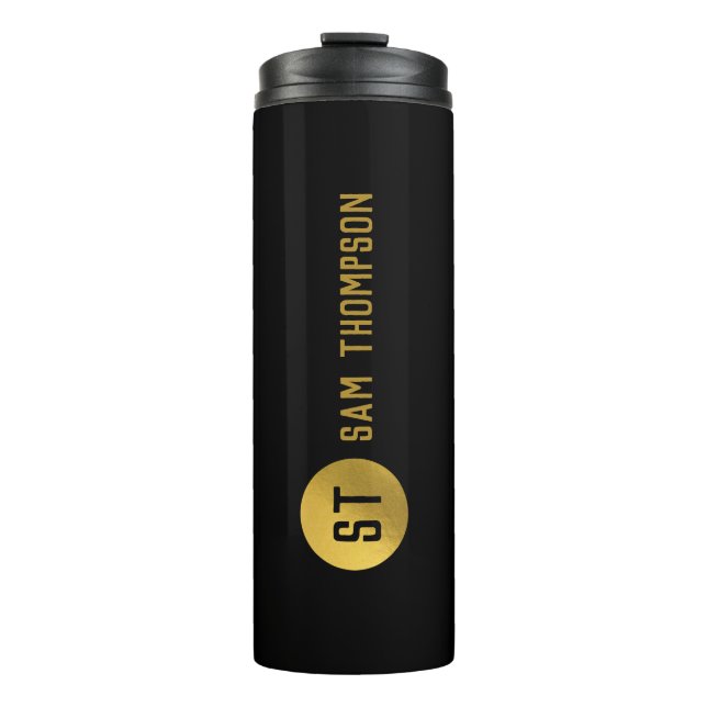 Personalized Elegant Black & Gold Modern Monogram Thermal Tumbler (Front)