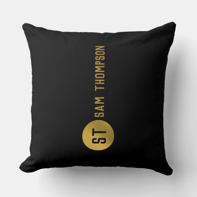 Personalized Elegant Black & Gold Modern Monogram Throw Pillow (Front)