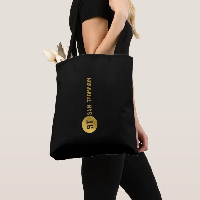 Personalized Elegant Black & Gold Modern Monogram Tote Bag (Close Up)