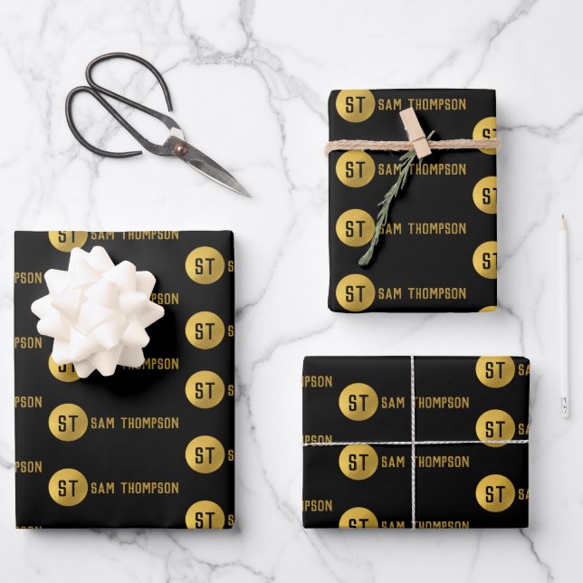 Personalized Elegant Black & Gold Modern Monogram Wrapping Paper Sheets (Front)