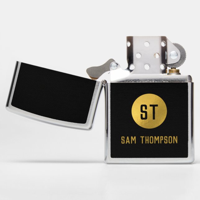 Personalized Elegant Black & Gold Modern Monogram Zippo Lighter (Opened)
