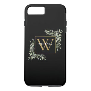 Personalized Elegant Black Gold Monogram Greenery iPhone 8 Plus/7 Plus Case