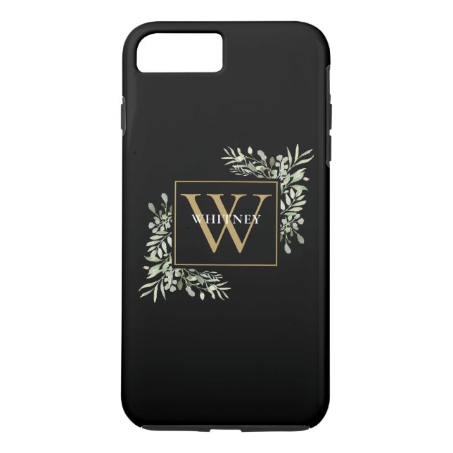 Personalized Elegant Black Gold Monogram Greenery Case-Mate iPhone Case (Back)