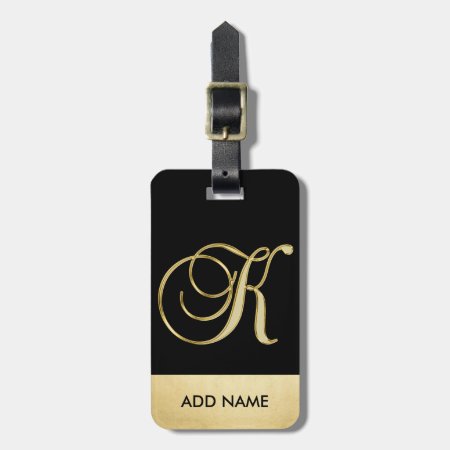 Personalized Elegant Black Gold Monogram Letter K Luggage Tag
