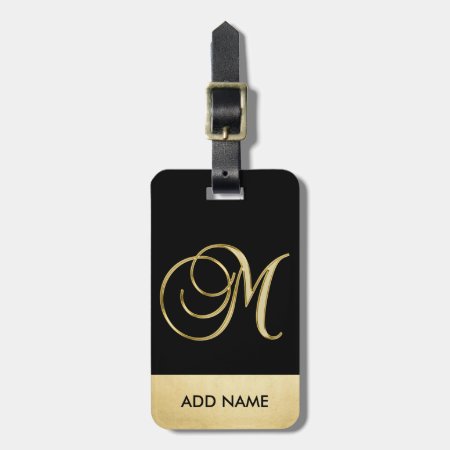 Personalized Elegant Black Gold Monogram Letter M Luggage Tag