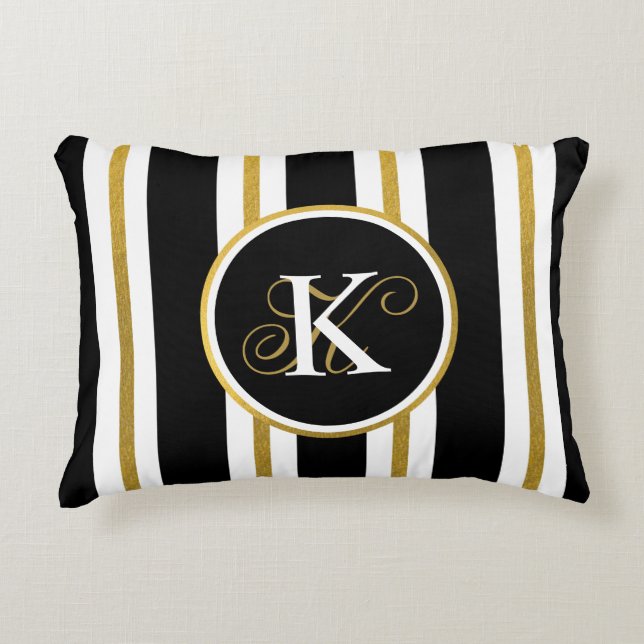 Personalized Elegant Black & Gold Stripes Monogram Accent Pillow (Front)