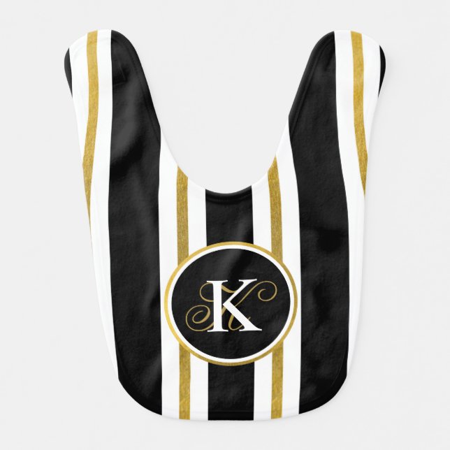 Personalized Elegant Black & Gold Stripes Monogram Baby Bib (Front)