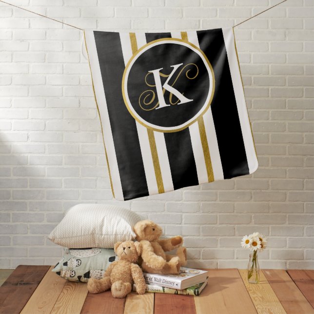 Personalized Elegant Black & Gold Stripes Monogram Baby Blanket (In Situ)