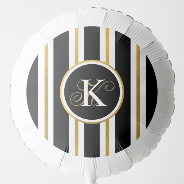 Personalized Elegant Black & Gold Stripes Monogram Balloon (Front)