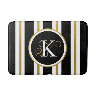 Personalized Elegant Black & Gold Stripes Monogram Bath Mat
