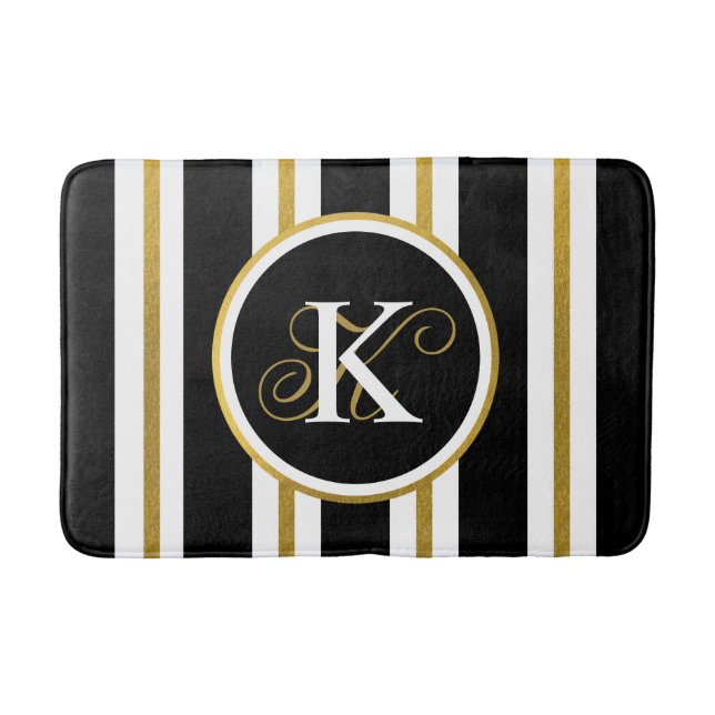 Personalized Elegant Black & Gold Stripes Monogram Bath Mat (Front)