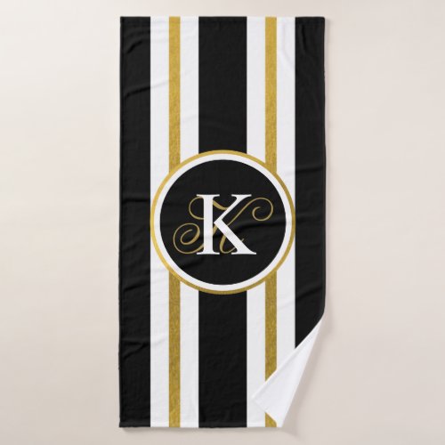 Personalized Elegant Black  Gold Stripes Monogram Bath Towel